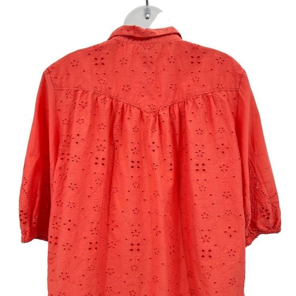 Sundance Corsica Eyelet Top Women's Large Orange Coral Button Up Elbow Sleeve - Picture 6 of 9